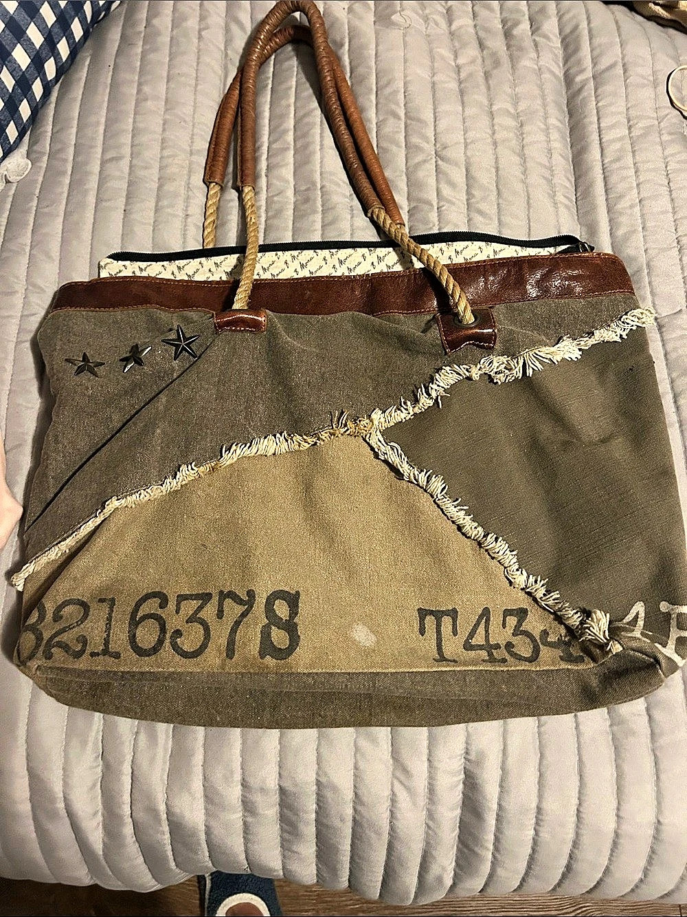 Mona B Olive Green & Brown Tote